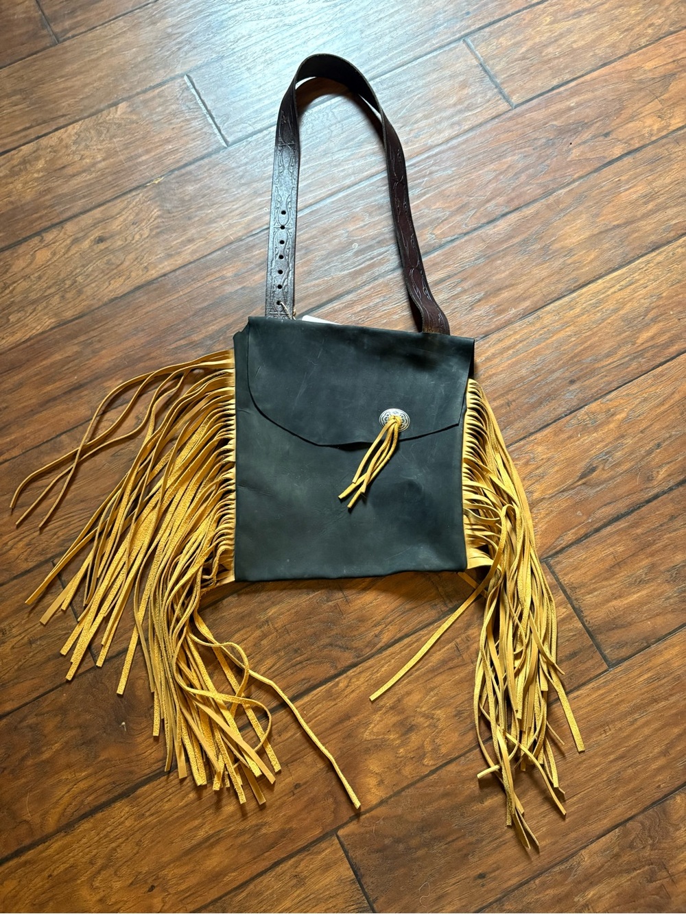 Black Leather Crossbody with Mustard Fringe and Concho Accent
